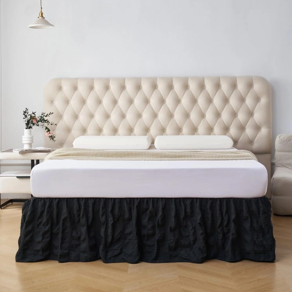 Bed Skirt, Crinkle Textured Stripe Bed Skirt with Platform, Black