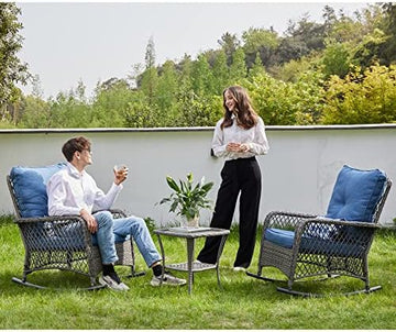 3-Piece Wicker Outdoor Patio Furniture Set - Rocking | Blue with Thick Cushions for Backyard, Garden & Porch