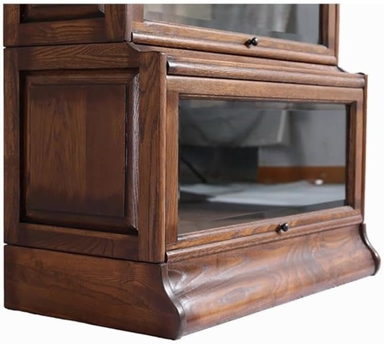 Traditional 5-Stacks Wood Barrister Bookcase, Walnut Finish, 78" H x 33" W x 16" D, Leaded Glass Top, Medium Brown