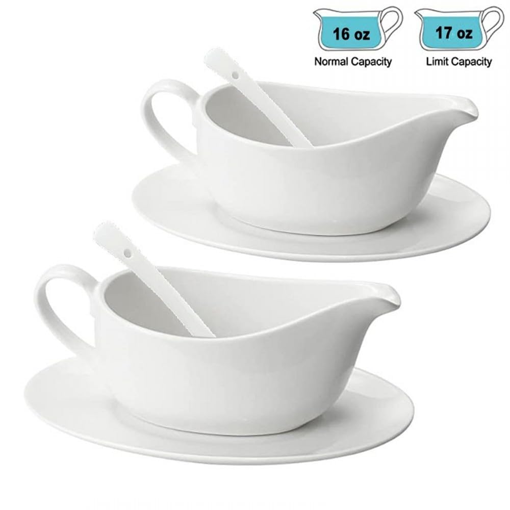 Gravy Boat With Ladle and Saucer 17 Oz, White Ceramic Sauce Boat