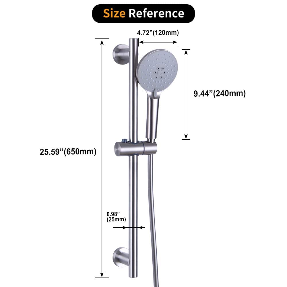 Shower Slide Bar with three Function Massaging Hand Shower Head Adjustable SUS 304 Stainless Steel Brushed D500011BN