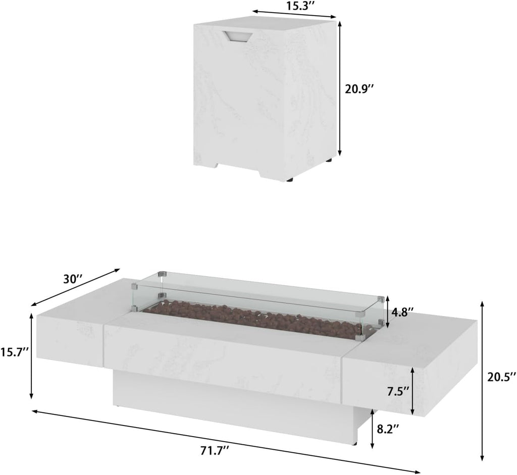 71.5-inch Outdoor Fire Pit Table, 60000 BTU Heat, Zinc-Aluminum, Propane Tank Cabinet, Wind Guard, Distressed Wood