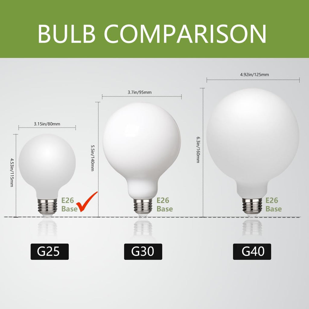 G25 LED Globe Light Bulbs Glass, E26 Base, Warm White 2700K, 6 Pack