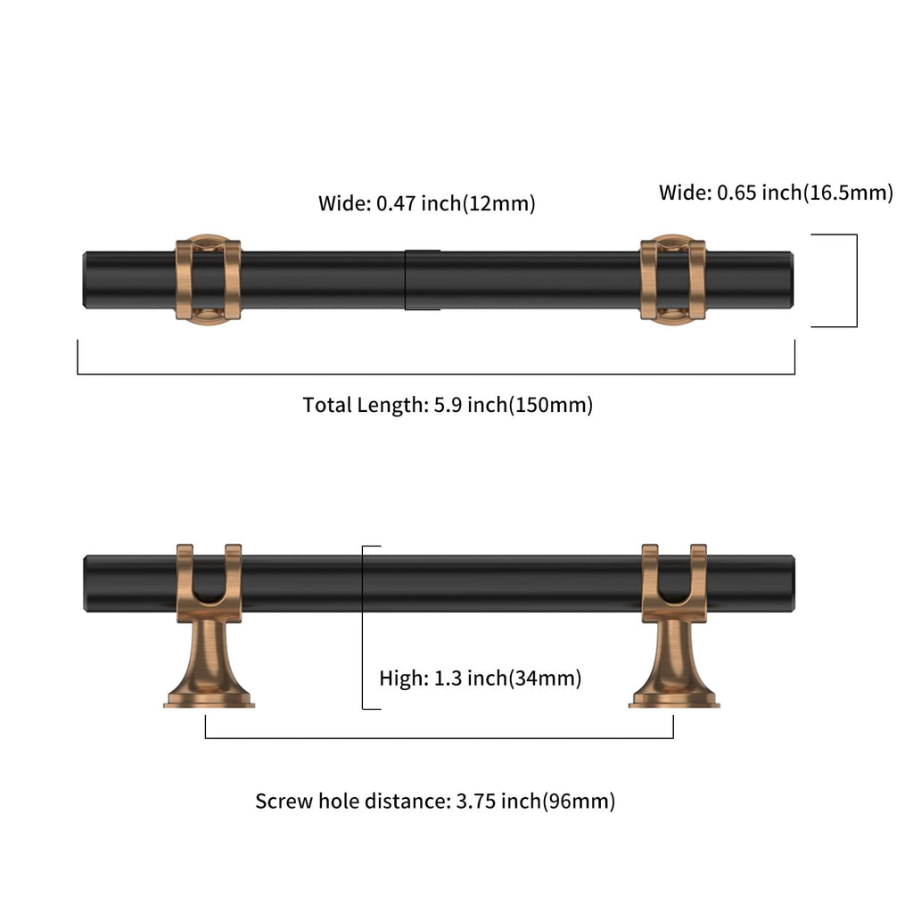 6 Pack 3.75 Inch(96mm) Champagne Bronze and Matte Black Cabinet Pulls Heavy-Duty Solid Kitchen Cabinet Handles Black