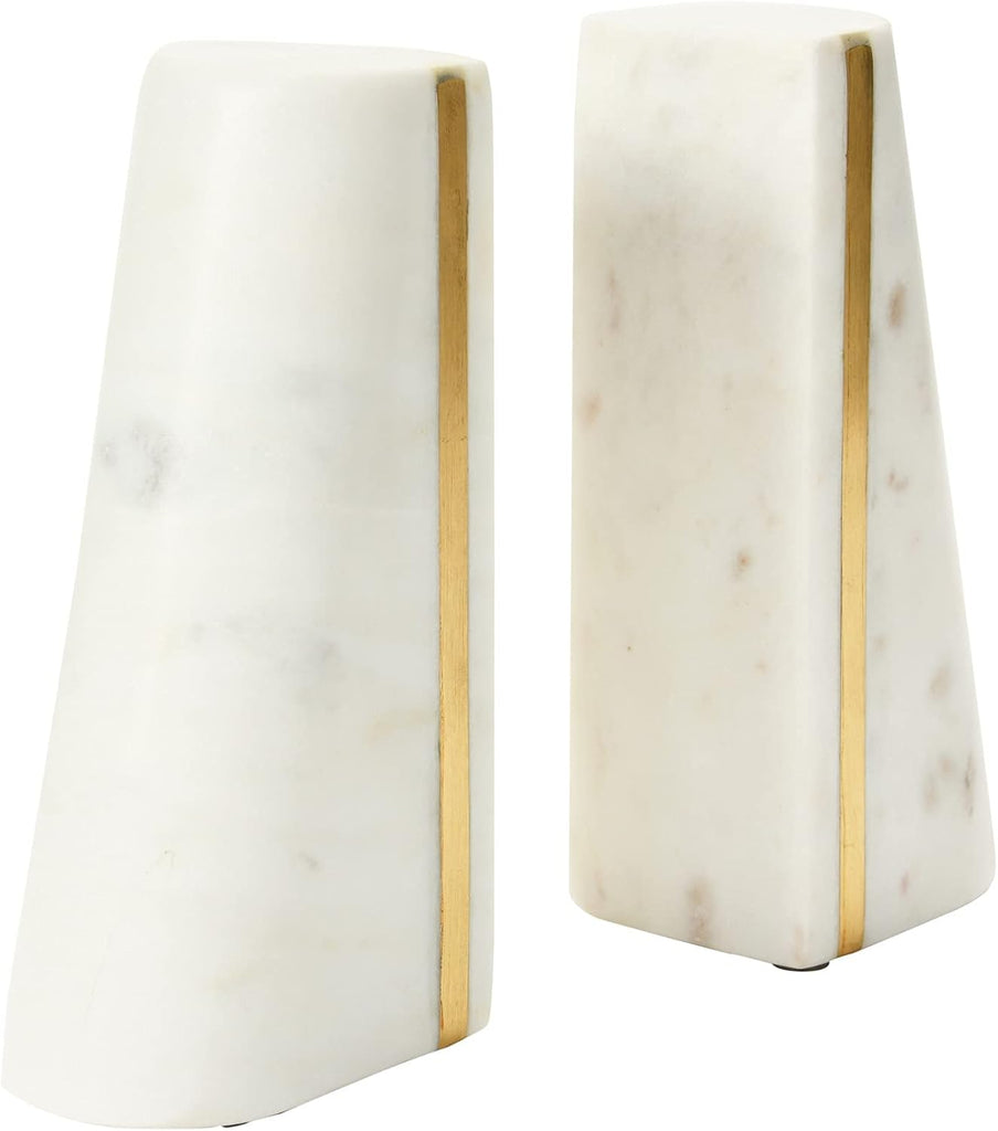 Geometric Marble Bookends with Brass Inlay, White