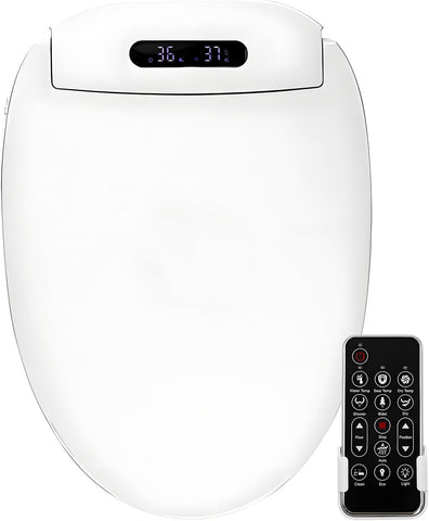 Elongated Smart Heated Bidet Toilet Seat with Slow-Close Lid, Warm Air Dryer, Remote Control, LED Light, Adjustable Temperature