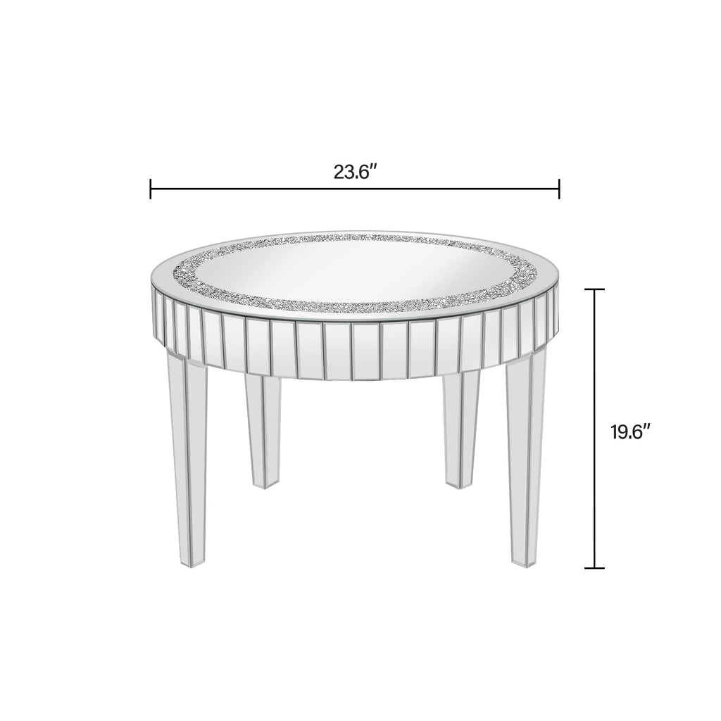 Silver Mirrored Coffee Table with Crystal Inlay, Round Glass Tea Table with Mirrored Finish, Modern Center Table