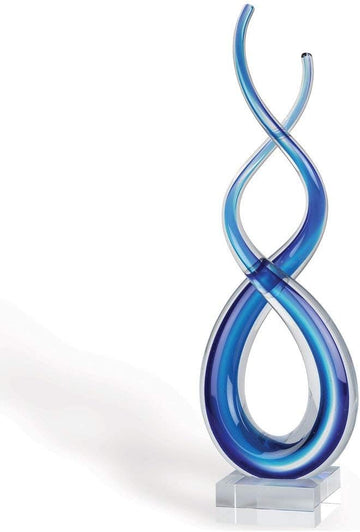 Blue Murano-Style Glass Sculpture - 9'' Wave Art on Crystal Base - Home Decor