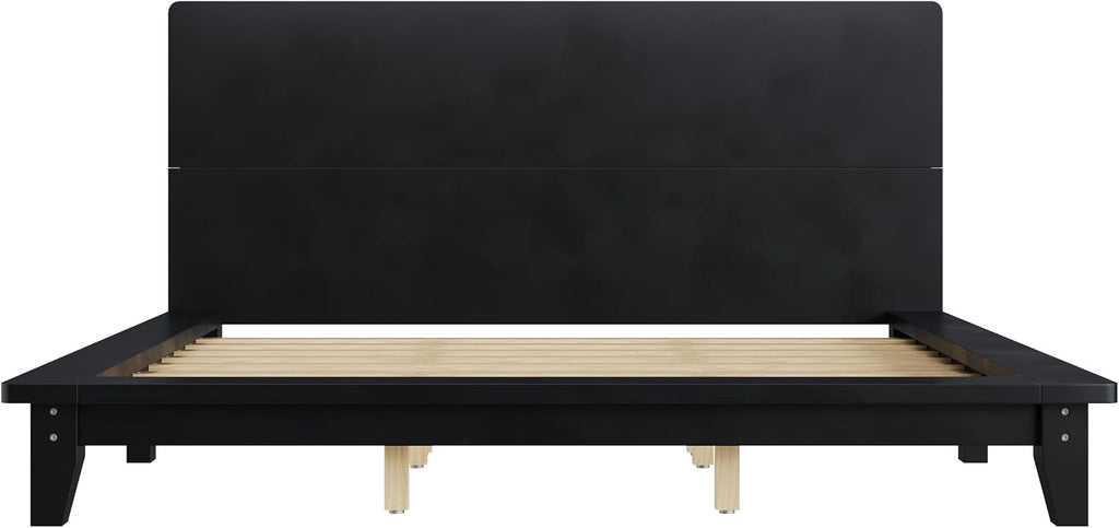 King Size Wooden Bed Frames with Black Headboard, Japanese Pine Wood Platform Bed, Rustic & Mid-Century Modern