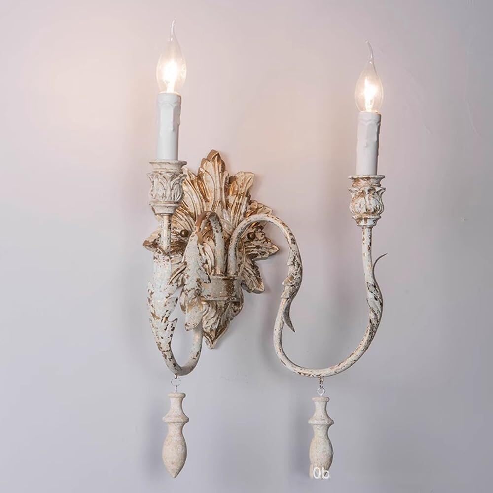 Mid-Century Distressed Wall Light, French Country Vintage Wall Sconce 2-Light Double Candle Art Deco Perfect Wall