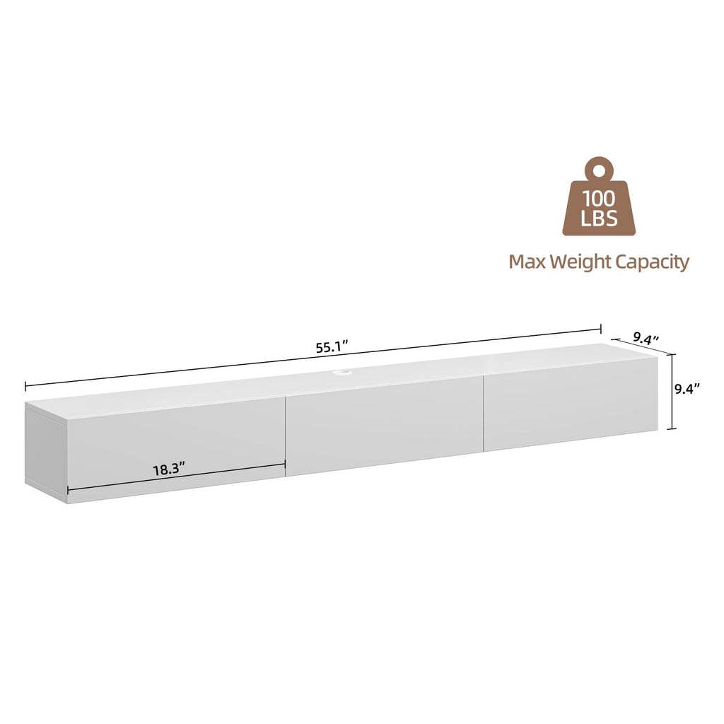 55'' Floating TV Stand, High Gloss Wall Mounted TV Console, White