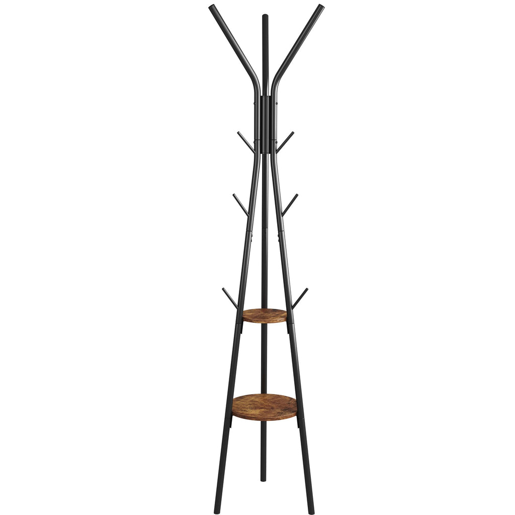 Coat Rack, Coat Hanger Stand with 2 Shelves, Freestanding Hall Tree, Metal Hat Hanger with 12 Hooks for Clothes Hats