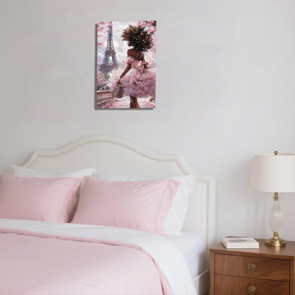Black Girl Canvas Wall African American Pictures Pink Eiffel Tower Girls Fashion Poster Prints Paris Girls Painting