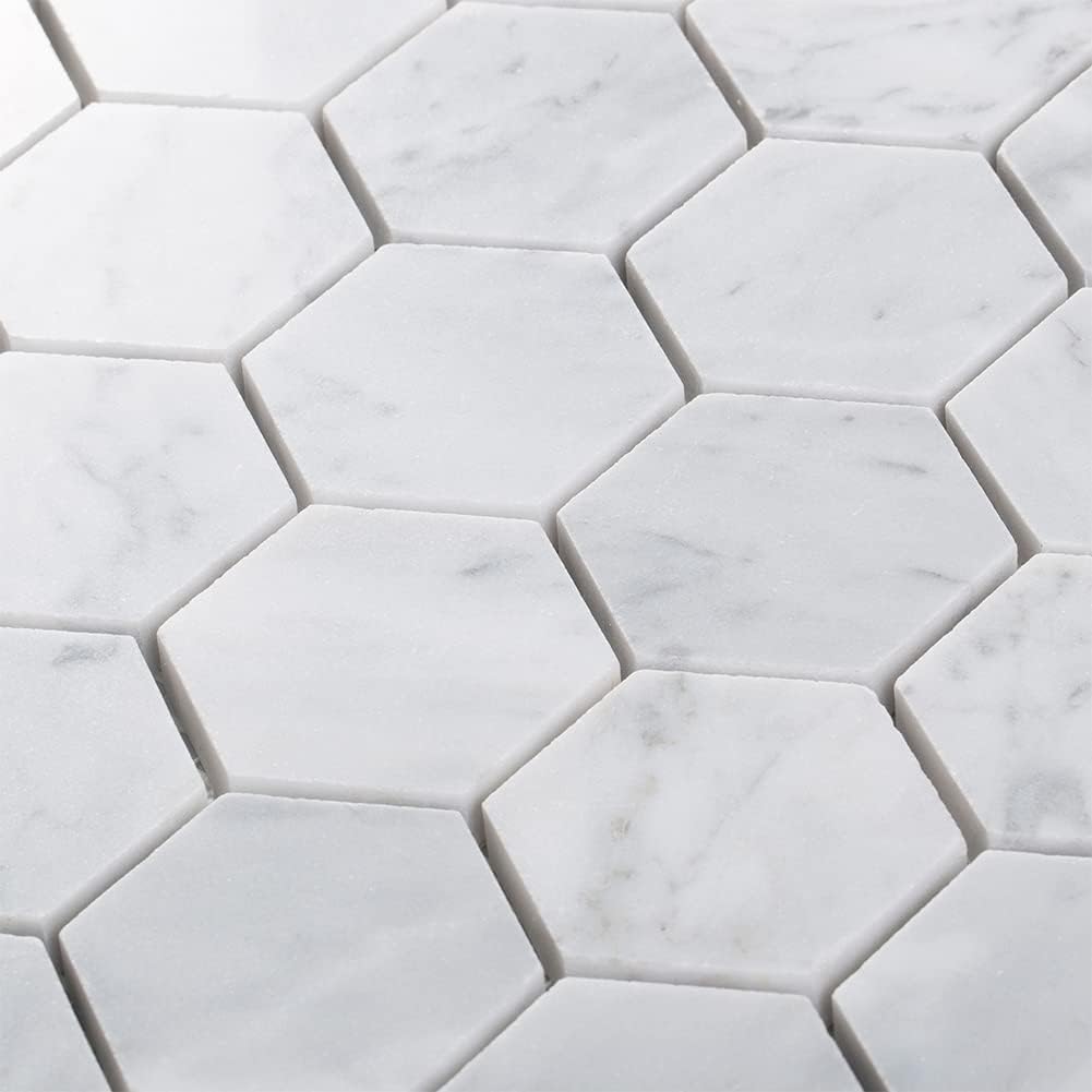 Carrara White Marble Mosaic, Polished Natural Italian Bianco Marble Tile for Shower Kitchen Wall Bathroom Floor, 2