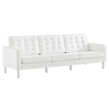 Loft Tufted Button Faux Leather Upholstered Sofa in Silver White
