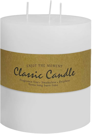 3 Wick White Extra Large Pillar Candle, 6" x 6", Unscented, Dripless, Smokeless, and Clean-Burning. Approx. 120 Hours