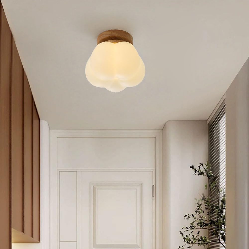 Nordic Cotton Flower Puffy Cloud Semi Flush Mount LED Ceiling Light Natural Solid Wood Base 3 Color Dimmable PE Shade