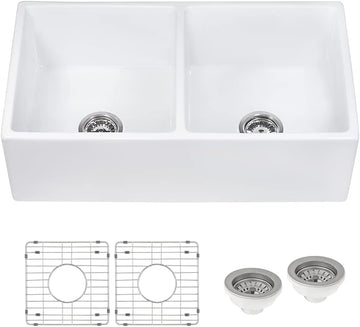 33-inch Fireclay Farmhouse Apron-Front Kitchen Sink Double Bowl - White - RVL2311WH