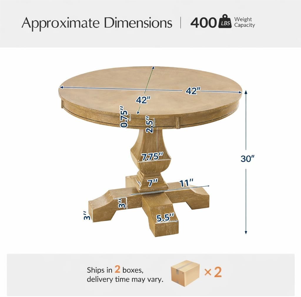 Round Dining Table for 4, 42” Farmhouse Oak Wood Dining Room Kitchen Table Top with Pedestal Base, Rustic Dinner