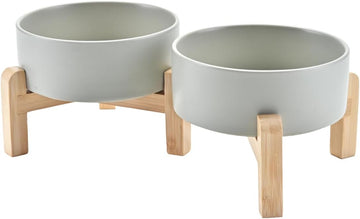 Elevated Dog Bowls Ceramic, 5.1'' Dogs and Cat Food Water Bowls Raised with Non-Slip Bamboo Stand for Puppy Small