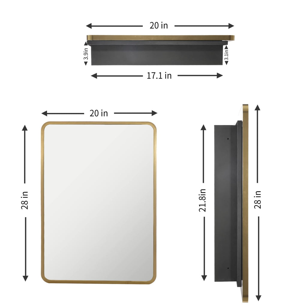 Mirror Medicine Cabinet 20 Inch x 28 Inch Gold Metal Framed Bathroom Medicine Cabinet with Mirror Rectangle Recess or