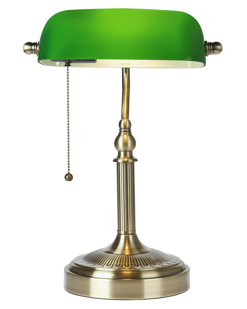 Green Glass Bankers Desk Lamp with Pull Chain Switch Plug
