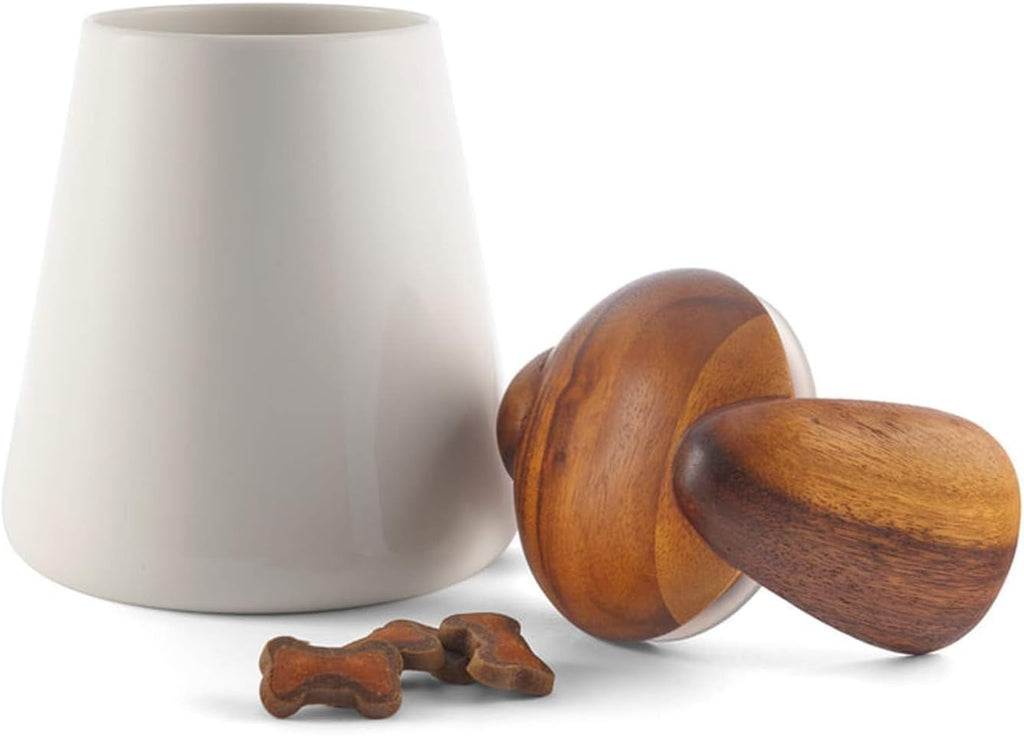 Dog Treat Jar | Pet Food Storage Container | Puppy Ears Design | Made of Porcelain with Acacia Wood Lid | Measures