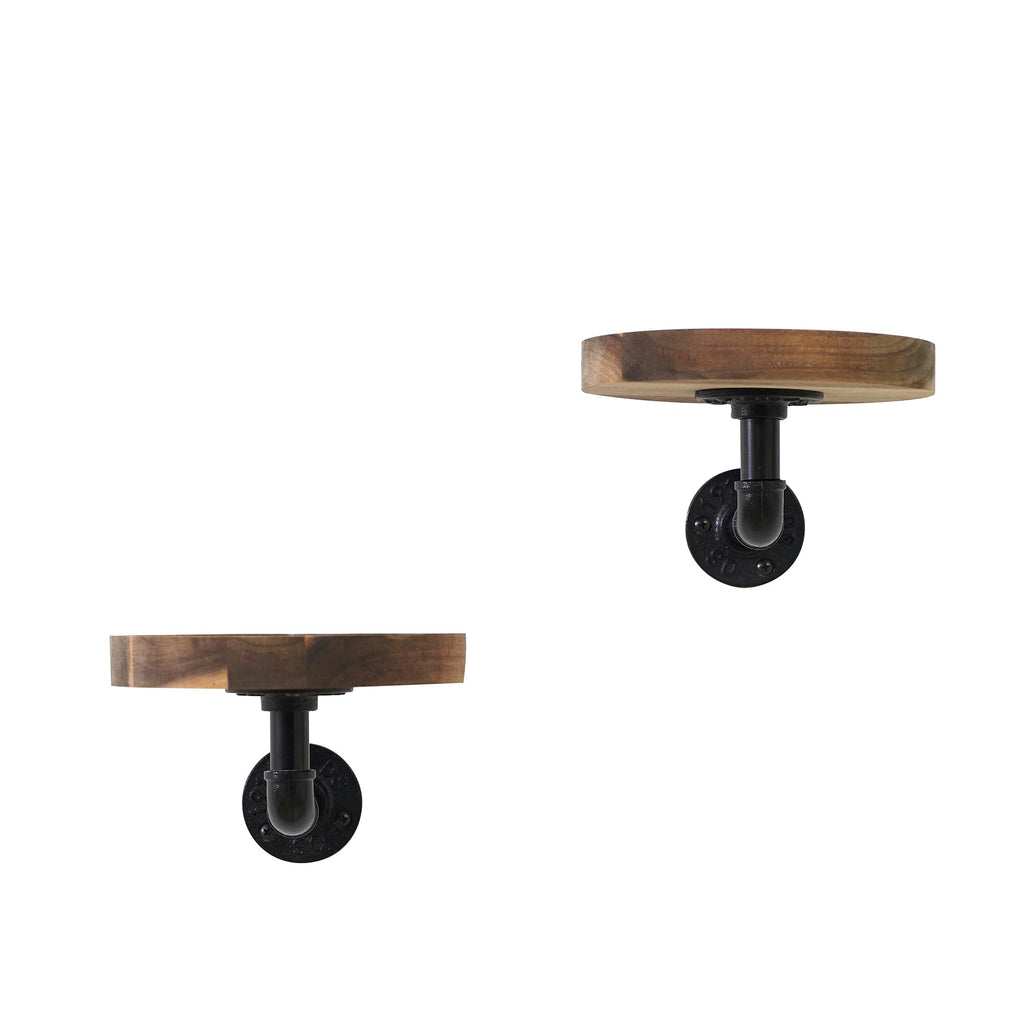 Round Wooden Floating Shelves Wall Mounted (Set of 2). Made of Acacia Wood. Industrial Pipe Brackets. A Unique Rustic