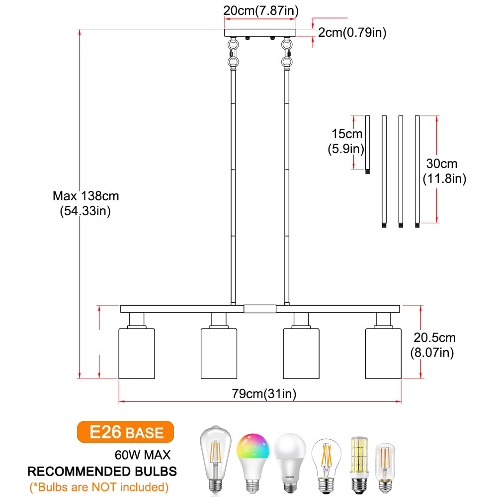 Brushed Nickel 4-Light Kitchen Island Lighting, Adjustable Island Lights with Clear Glass Shades - Kitchen Pendant