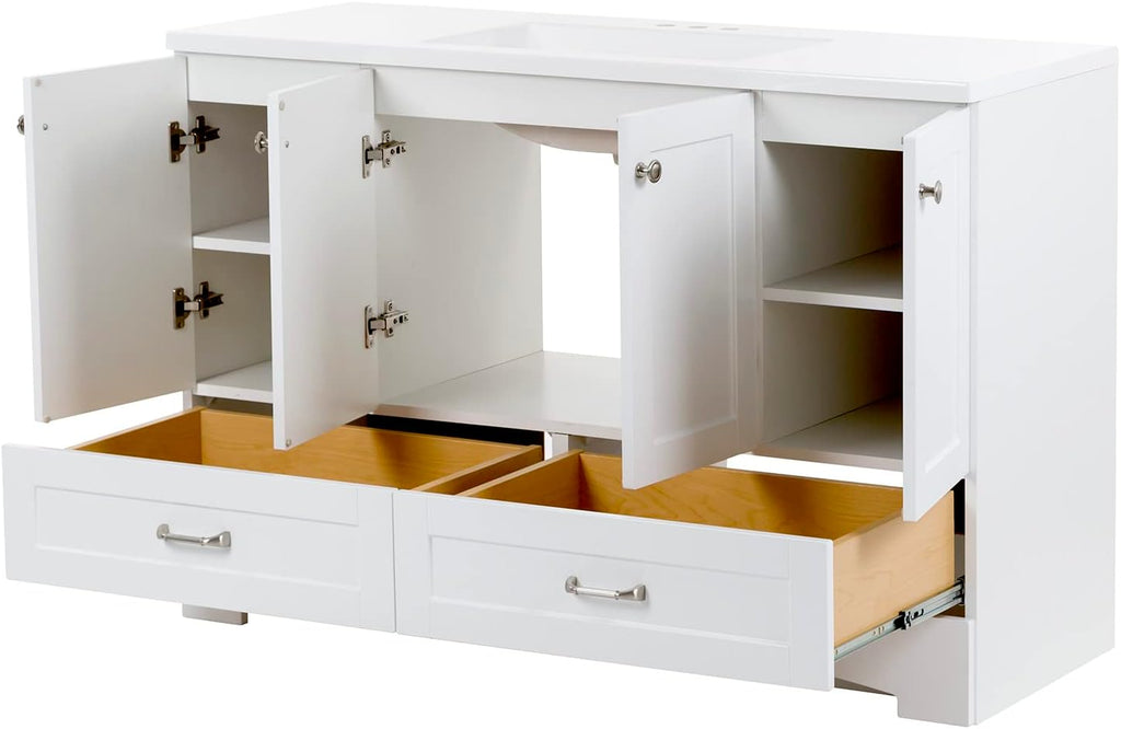 Spring Mill Cabinets Emlyn 48 Inch Bathroom Vanity with White Single Sink Top, 3 Cabinets, 2 Shelves, 2 Drawers