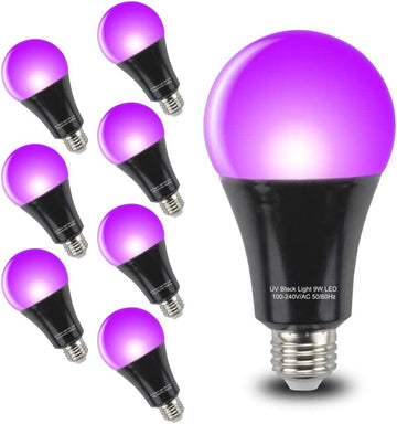 Black Light Bulbs 9W 8 Pack A19 E26 LED Blacklight Bulb 385-400nm UVA Black Lights for Blacklight, Glow in The Dark