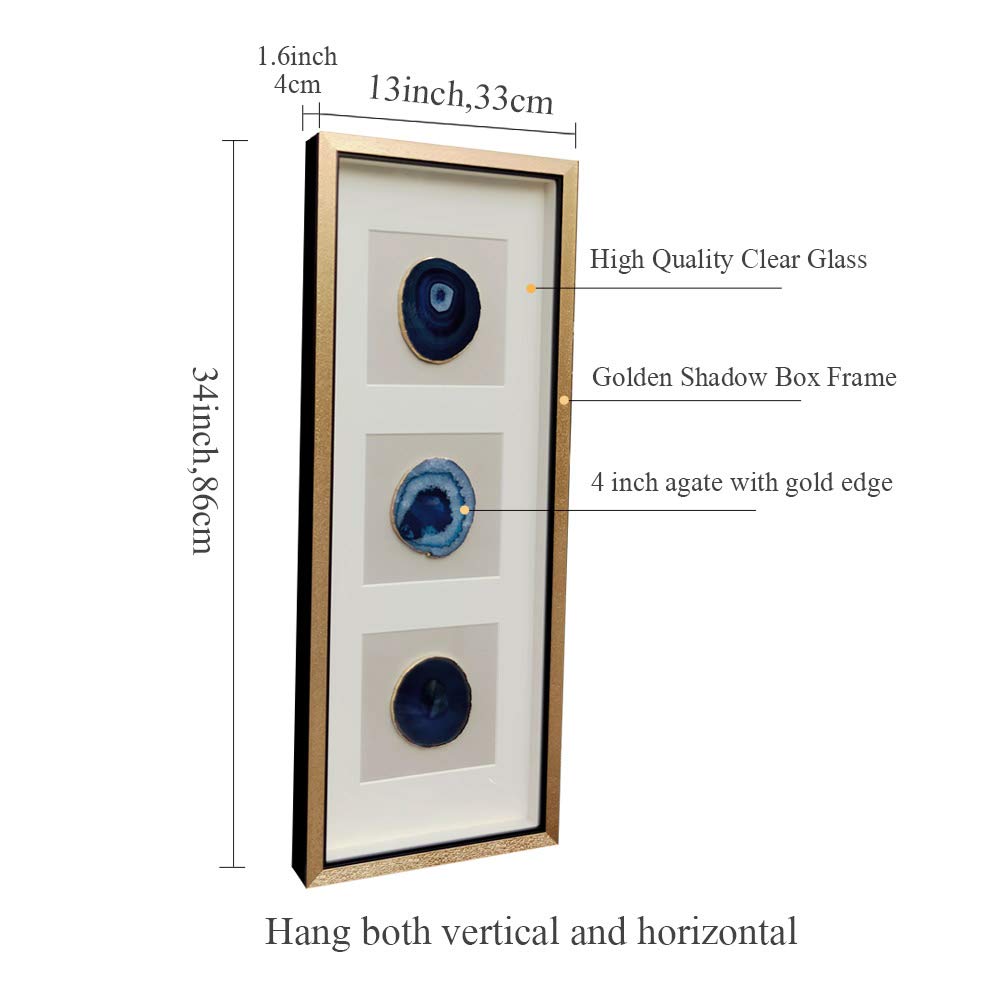 Handcrafted Gold-Edge Natural Agate Slice Trio Shadow Box Wall Art