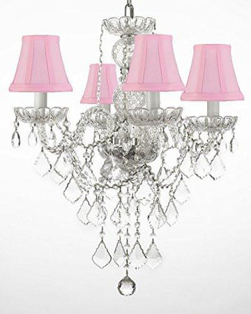 New Authentic All Crystal Chandelier Lighting With Pink Shades H22" X W17" - J10-Pinkshades/3/26098/4