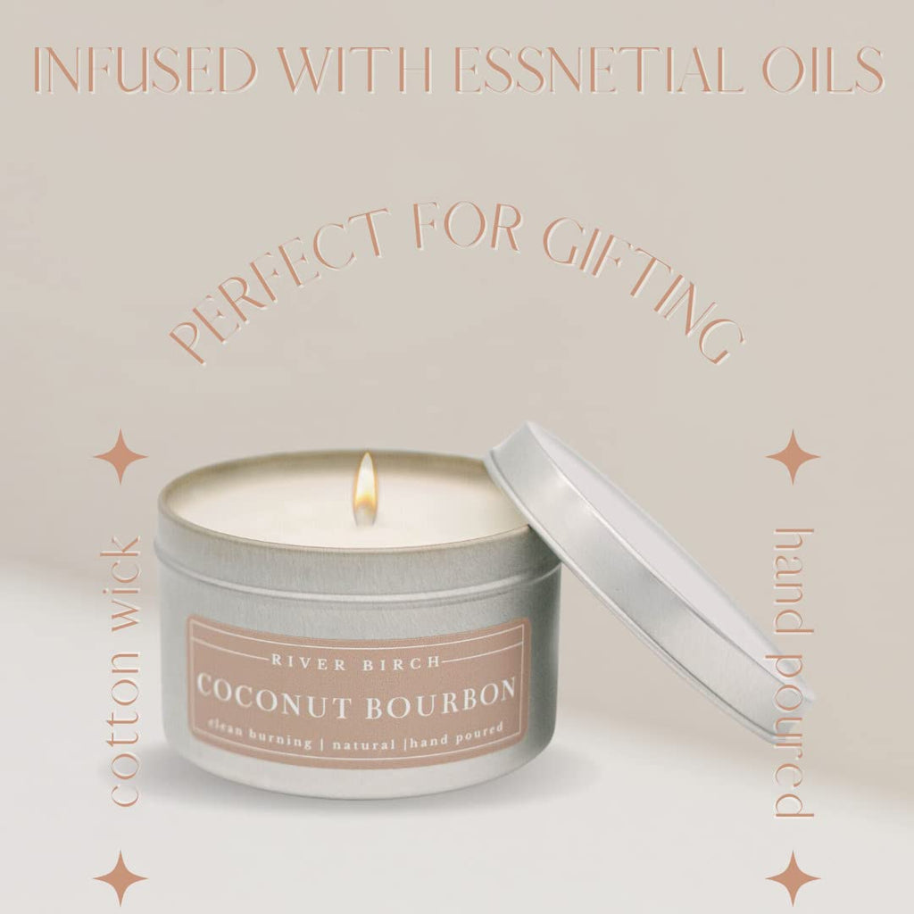 Birch Premium All-Natural, Non-Toxic Soy | 8 oz. Silver Tin Travel | Cozy Relaxing Coconut Bourbon Scented Gifts