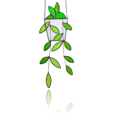 Fake Hanging Plants Greenery Stained Glass Plant Window Hanging Handmade Green Leaf Suncatcher Faux Plant Stained
