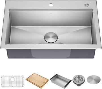 Kore 32-Inch Drop In/Undermount Workstation 18 Gauge Single Bowl Stainless Steel Kitchen Sink with Accessories