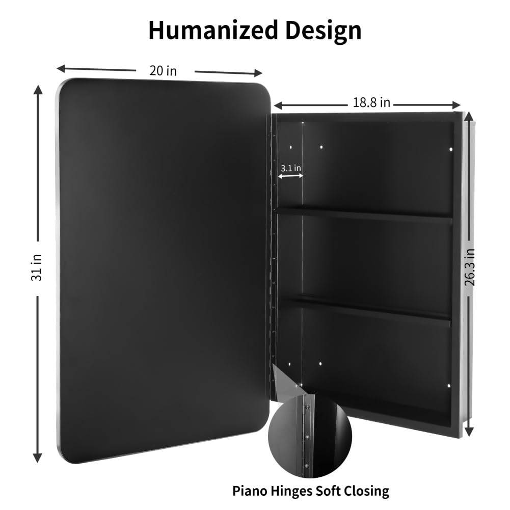 Medicine Cabinet with Mirror, 20 Inch x 31 Inch Metal Framed Bathroom Mirror Medicine Cabinet Rectangle Tilting