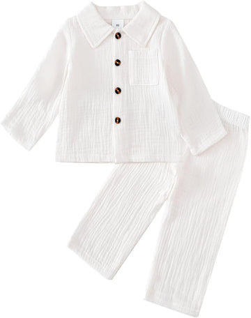 Toddler Boy Girl Fall Clothes Cotton Linen Long Sleeve Shirt Pants Set Unisex Casual Outfit