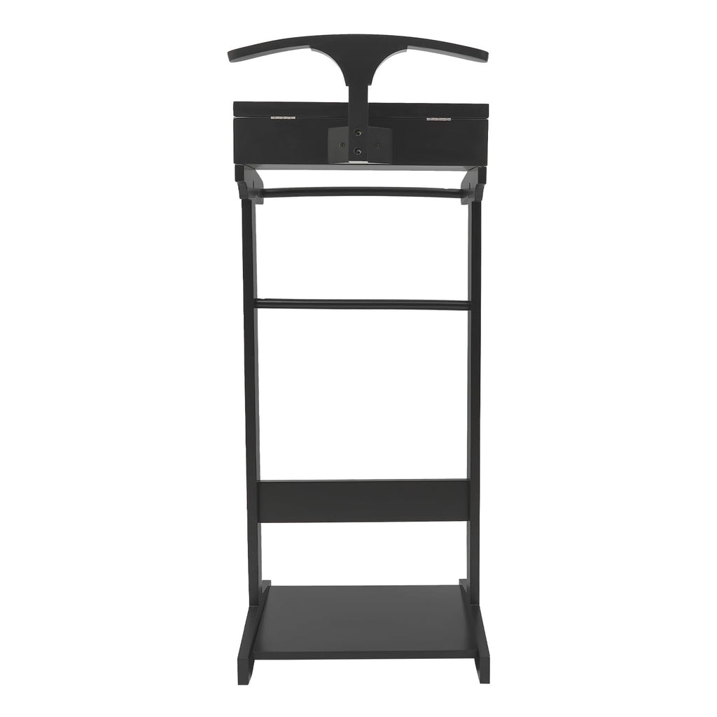 Wood Mens Valet Stand With Shoe Shelf, Coat Hanger and Hat Rack - Freestanding Suit Stand and Clothes Butler With