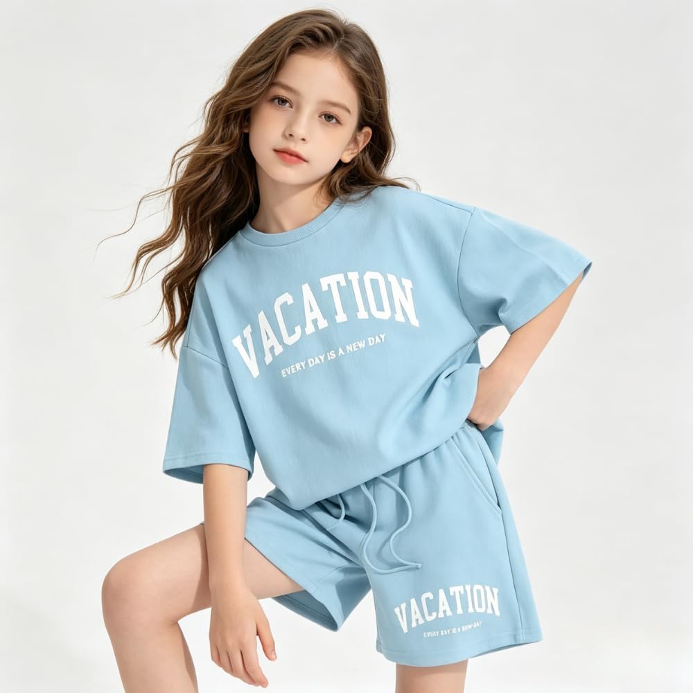 Girl's Tracksuit Sets 2 Piece Outfits Letter Print Vacation Tee Top and Drawstring Waist Shorts
