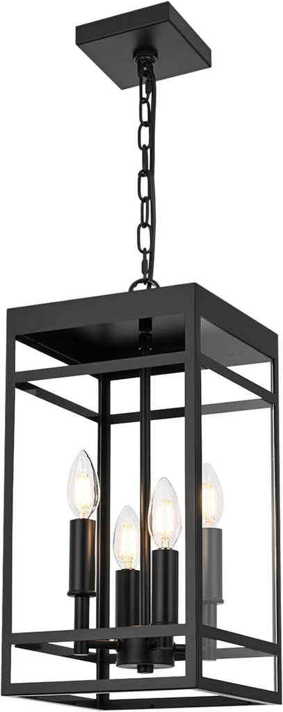 4-Lights Large Outdoor Pendant Light, Matte Black Exterior Hanging Lantern with Clear Glass