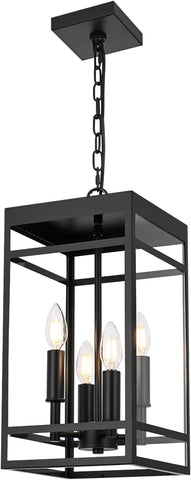 4-Lights Large Outdoor Pendant Light, Matte Black Exterior Hanging Lantern with Clear Glass