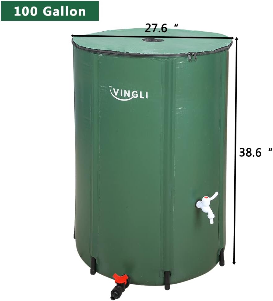 PVC 50 Gallon Collapsible Rain Barrel (Green, 100 Gallon) | Upgraded Foldable PVC Rain Water Collection Barrel, Water