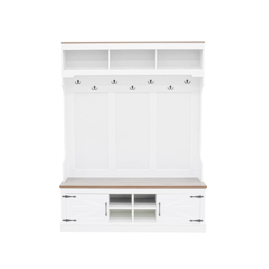 71''H Farmhouse Hall Tree with Bench and Shoe Storage, White