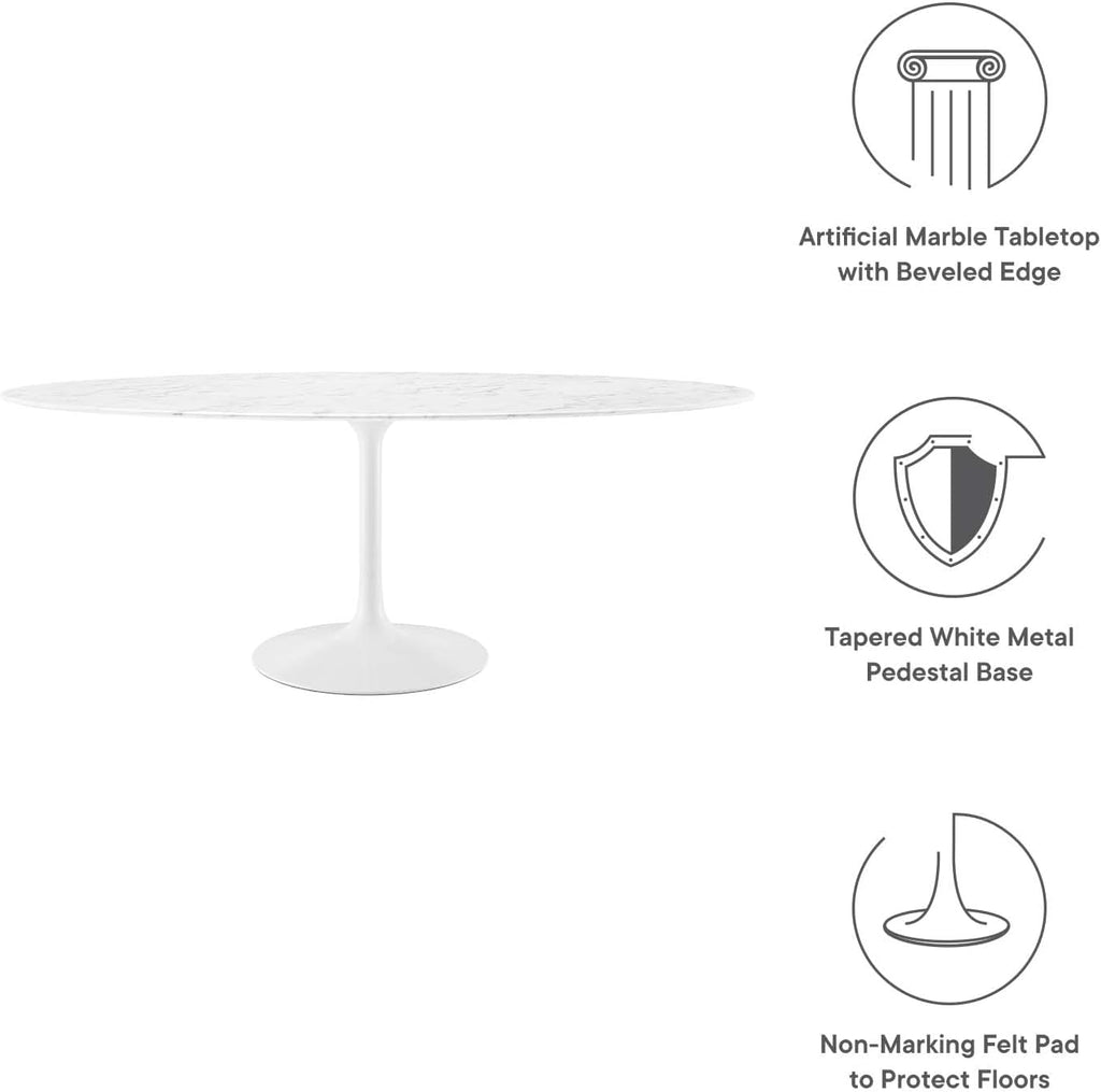 Inspired Tulip Style Oval Pedestal Dining Table — White Base / Marble Top, 78″ Oval