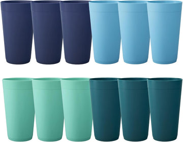 Newport 20 ounce Unbreakable Plastic Stackable Water Tumblers in 4 Coastal Colors | Set of 12 Drinking Cups |