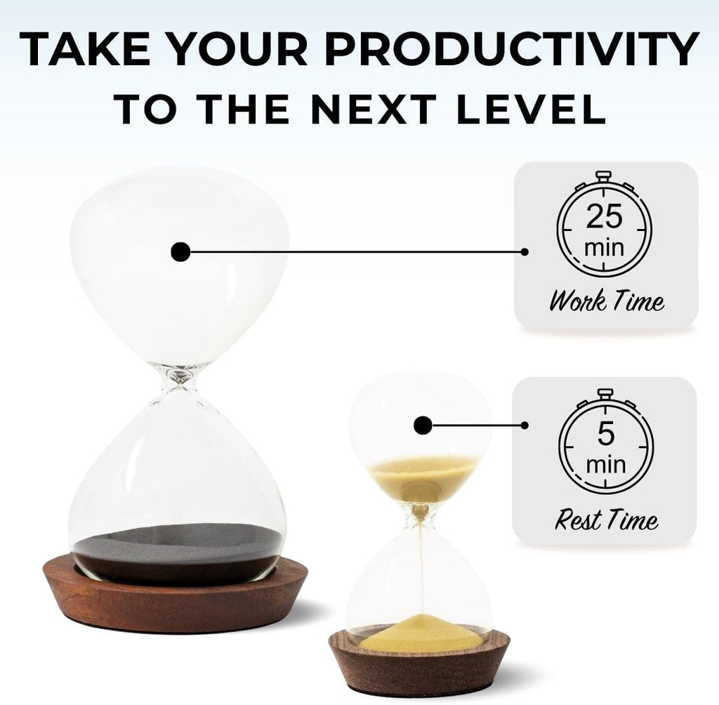 Decorative Hourglass Sand Timer Set - Includes 25 and 5 Minute Sandglass Pomodoro Timers with Wooden Bases - Time