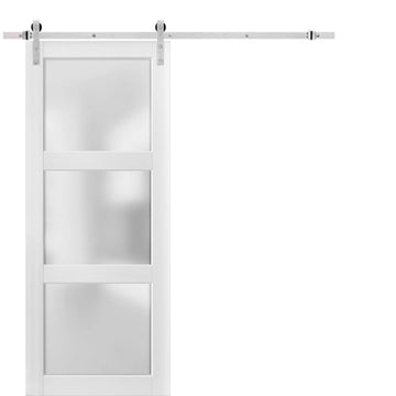 Sturdy Barn Door 30 x 80 inches Frosted Glass 3 Lites | Lucia 2552 Matte White | Top Mount Stainless Steel 6.6FT Rail