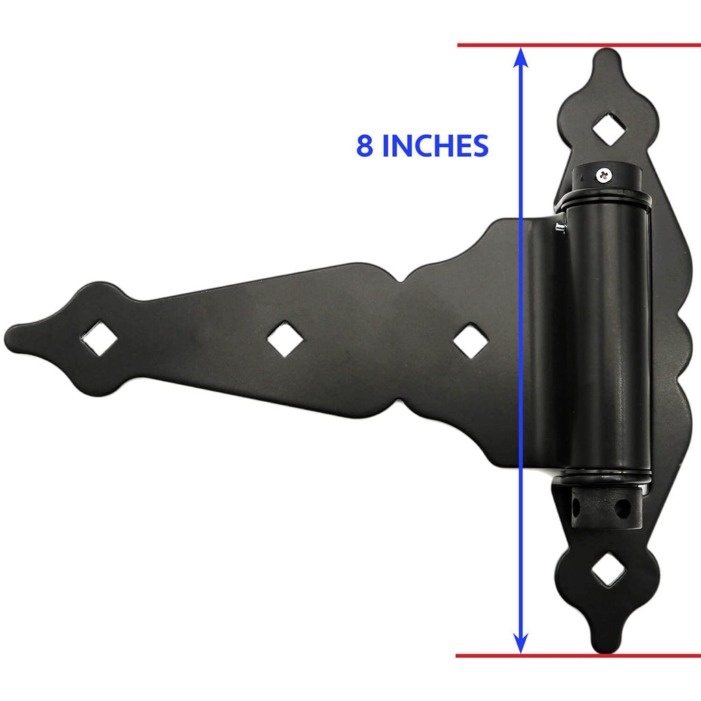 Black Self-Closing T-Strap Gate Hinges - 8" T-Gate Hinge Kit for Wood Fences & Gates, Heavy Duty Hardware (2 Pack)