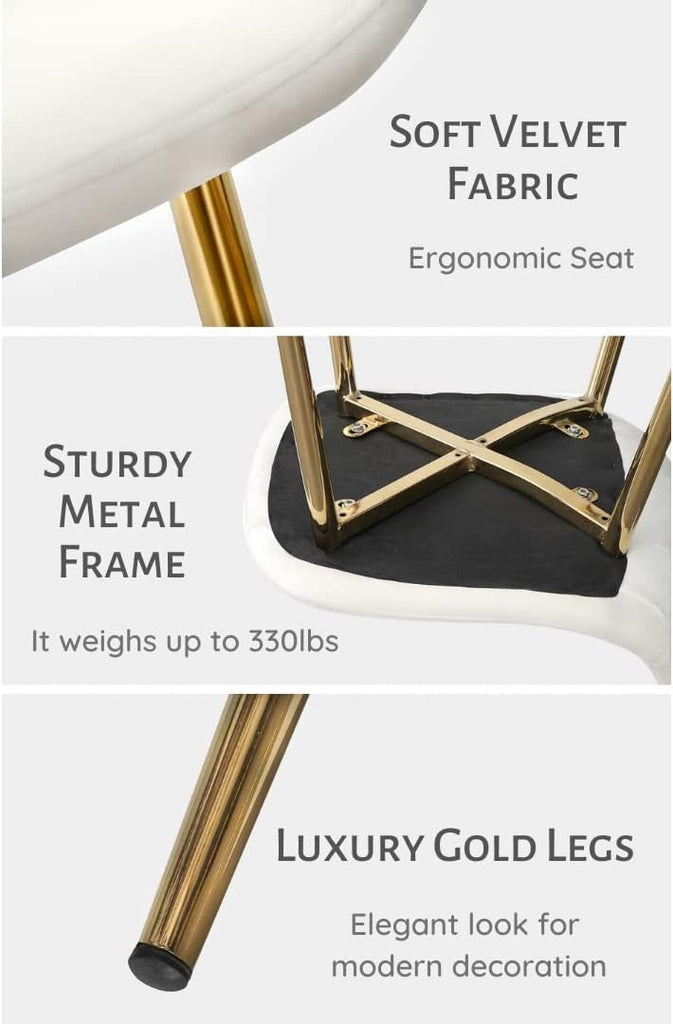 Cream Velvet Dining Chair Set of 4, Midcentury Modern Kitchen Chairs with Gold Chrome Legs, Elegant Dining Room